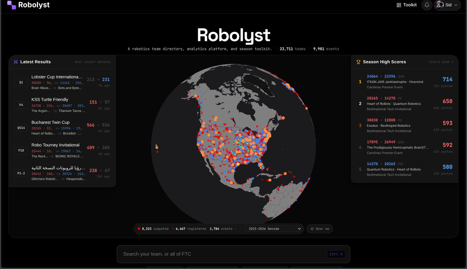 The live Robolyst app: a global map of FTC teams, latest match results, and season high scores